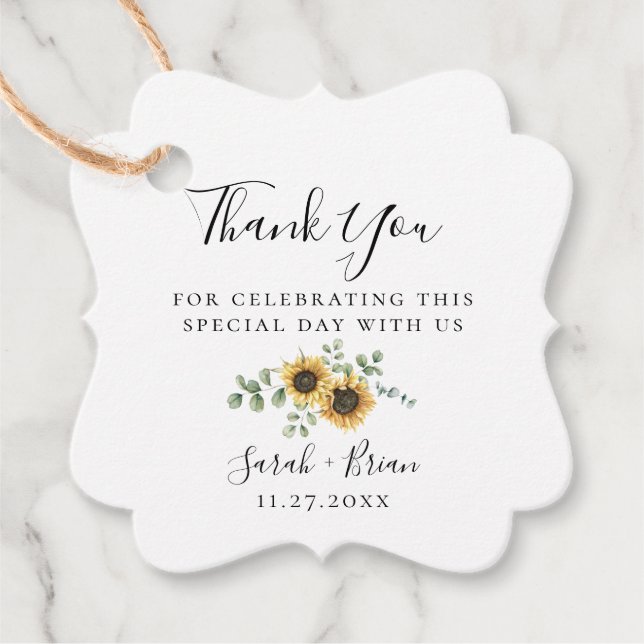 Rustik solros eukalyptus bröllop gåvor etiketter (Framsida)