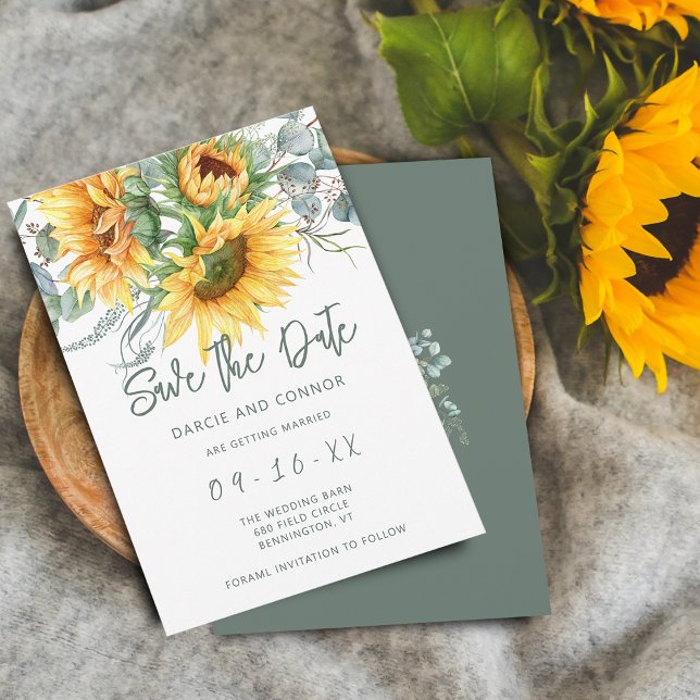 Rustik Solros Eukalyptus Vattenfärg Spara Datumet (Rustic Sunflower Eucalyptus Watercolor Save The Date)