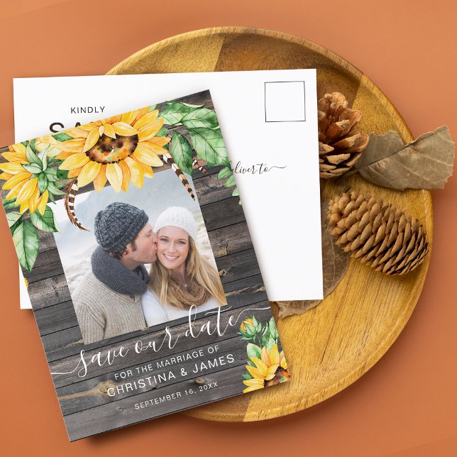 Rustik solros-fotografi manus Spara datum Meddelande Vykort (Rustic Sunflower Photo Script Save The Date Announcement Postcard)