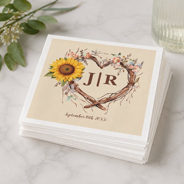 Rustik Solros Hjärtmonogram Bröllop Pappersservett (Rustic Floral Initials Napkins)