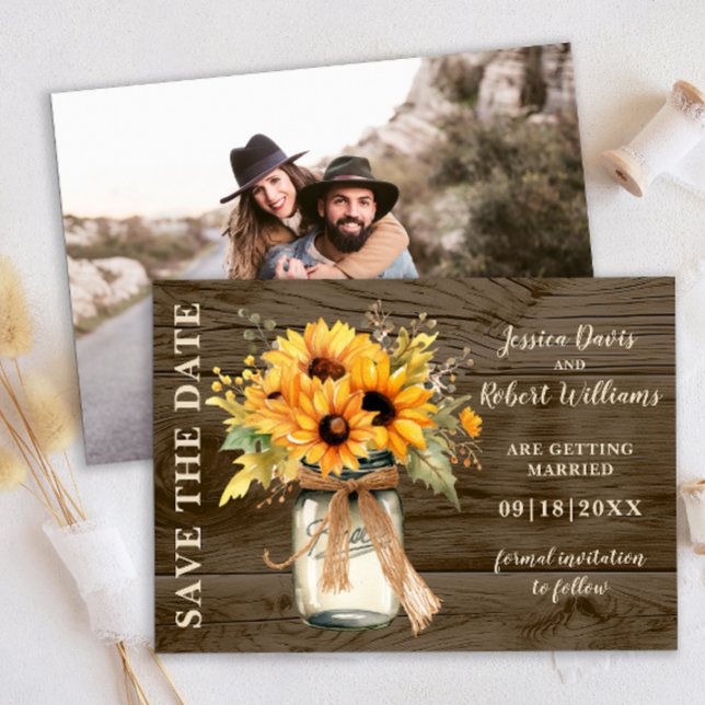 Rustik Solros Masonkruka Spara Datum Datumet (Rustic Sunflowers String lights save the date )
