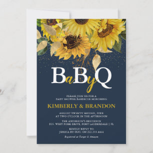 Rustik solros, Navy & Guld BBQ Baby Shower Inbjudningar