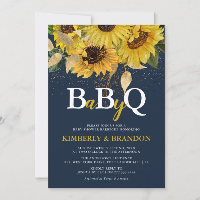 Rustik solros, Navy & Guld BBQ Baby Shower  Inbjudningar (Framsida)
