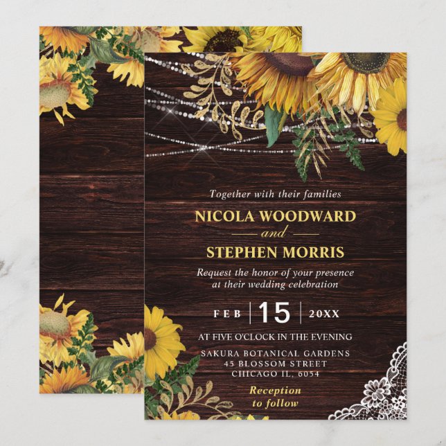 Rustik solros- och strängljusbröllop inbjudningar (Fram/baksida)