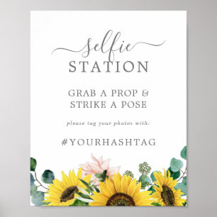 Rustik Solros Selfie Station Bröllops Hashtag Poster