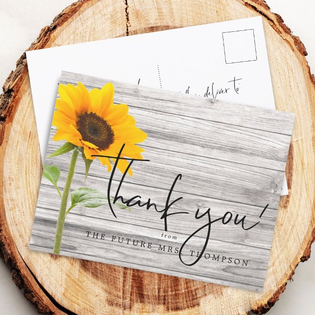 Rustik solros trä Bröllopsfest Tack Vykort (Rustic Sunflower Wood Bridal Shower Thank You Postcard)