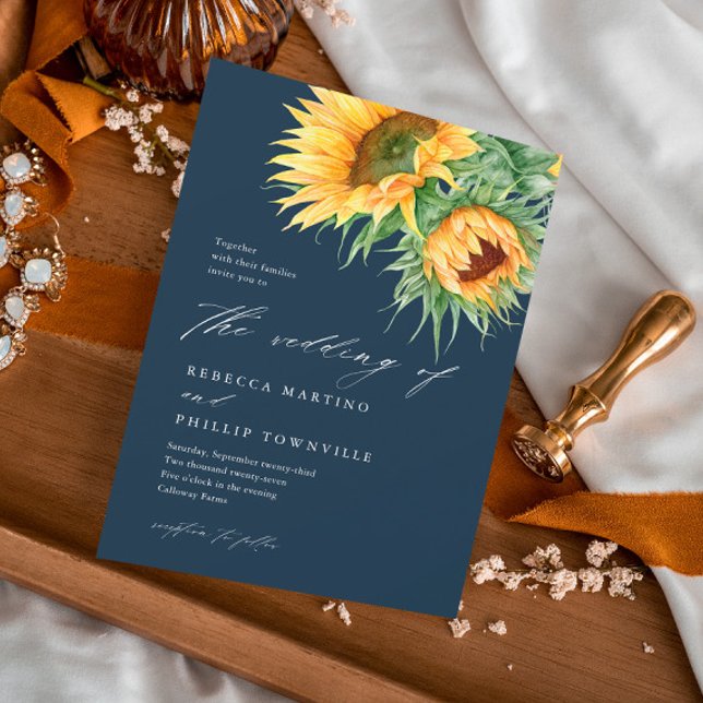Rustik Solros Vattenfärg Skript Bröllop Inbjudningar (An elegant, rustic sunflower wedding invitation with watercolor illustration and script typography.)