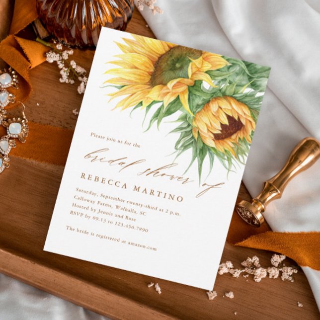 Rustik Solros Vattenfärg Skript Bröllopsdusch Inbjudningar (Rustic sunflower fall bridal shower invitation with hand-painted florals and script typography.)