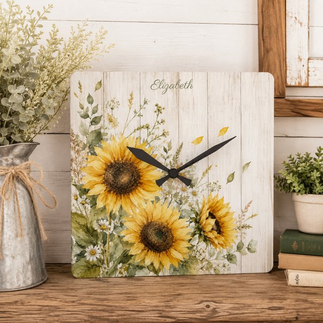 Rustik solros vattenfärgblomma lantgård fyrkantig klocka (Skapare uppladdad)