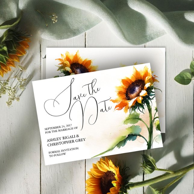 Rustik solrosa Spara vykortet för datum Meddelande (Rustic wedding sunflower save the date cards by VG Invites)