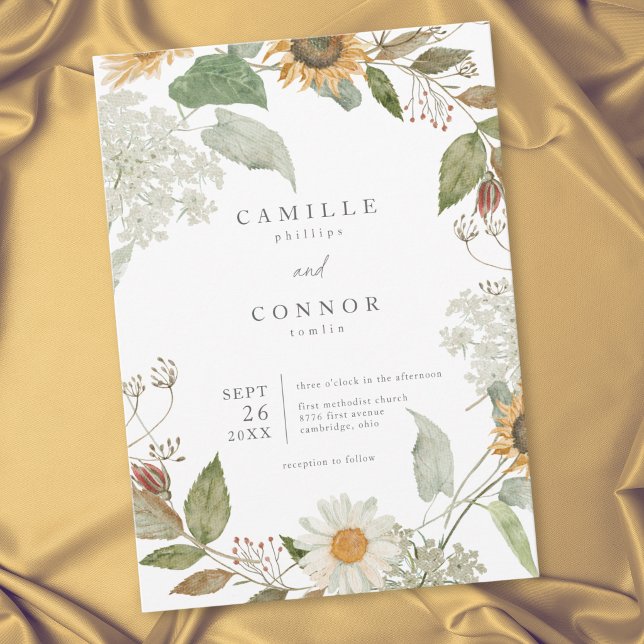 Rustik solrosbröllop med vilda blommor inbjudningar (Rustic Floral Sunflower Wildflower Wedding Invitation)