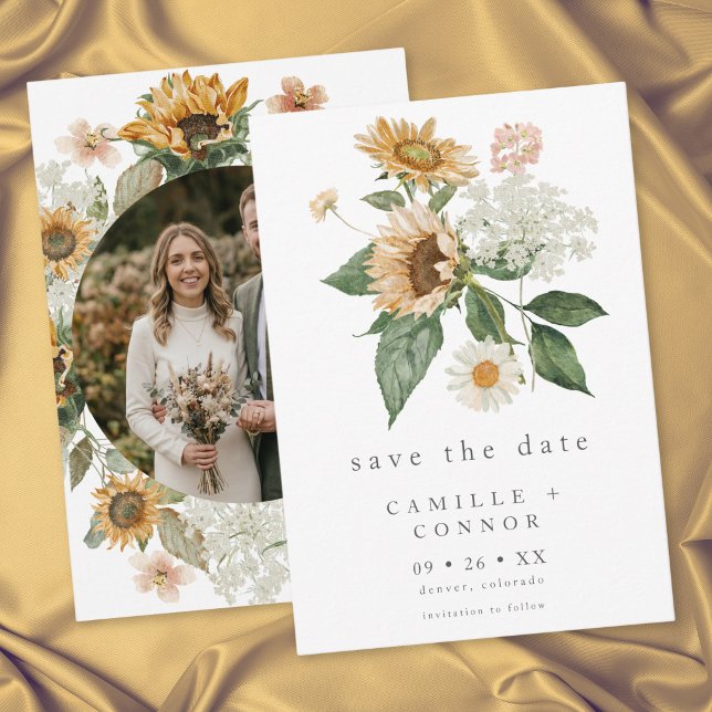 Rustik solrosbröllop med vildblommor Foto Bröllop Spara Datumet (Rustic Floral Sunflower Wildflower Photo Wedding Save The Date)