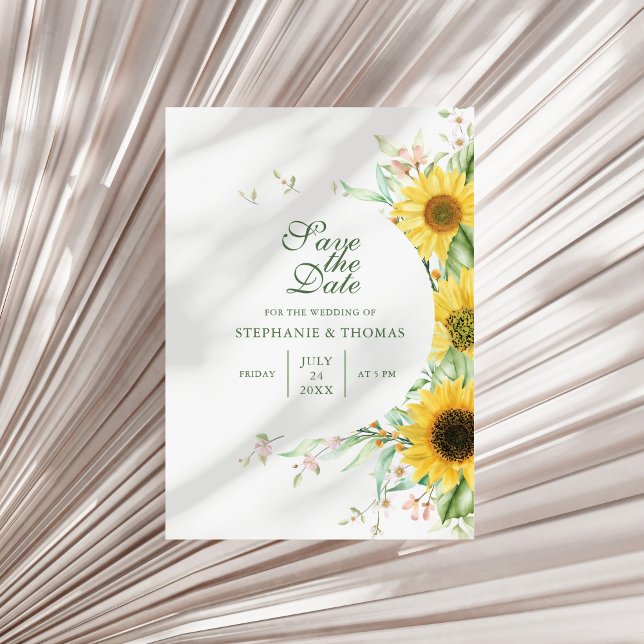 Rustik solrosdelight - spara datumkortet spara datumet (Rustic Sunflower Delight Save The Date Card on a sunny neutral dry palm leaf.)