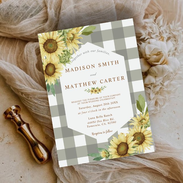 Rustik Solrosrutig Buffalo-rutig Bröllop Inbjudningar (Rustic Sunflower Gingham Buffalo Plaid Wedding Invitation)