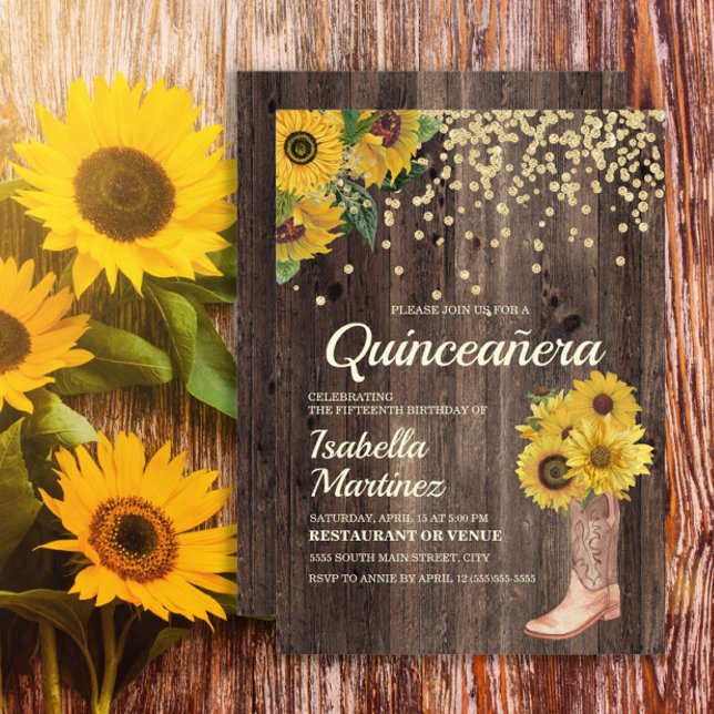 Rustik solrosstövlar Glitter Quinceañera 15:e Inbjudningar (Sunflowers, cowgirl boots, and rustic wood Quinceanera birthday party invitation)