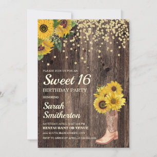 Rustik solrosstövlar glitter Sweet 16 födelsedag Inbjudningar