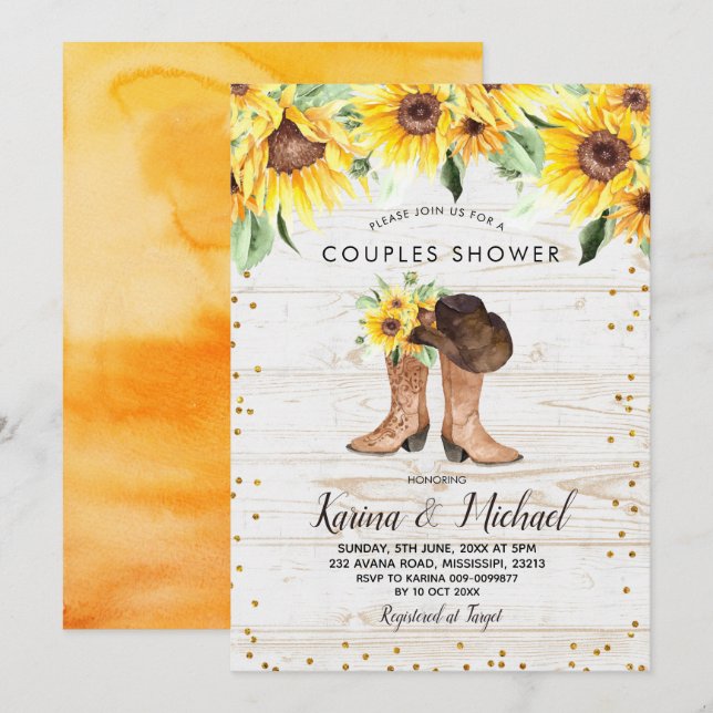 Rustik solrosstövlar par baby shower inbjudan (Fram/baksida)