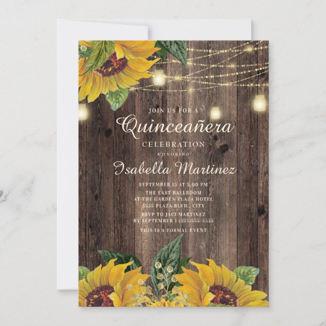 Rustik solrossträngljus överraskar Quinceanera Inbjudningar (Framsida)