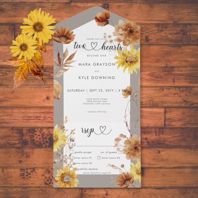 Rustik solrostaupe och vit middag under hösten (Rustic Autumn Sunflower Taupe & White Dinner All In One Invitation)