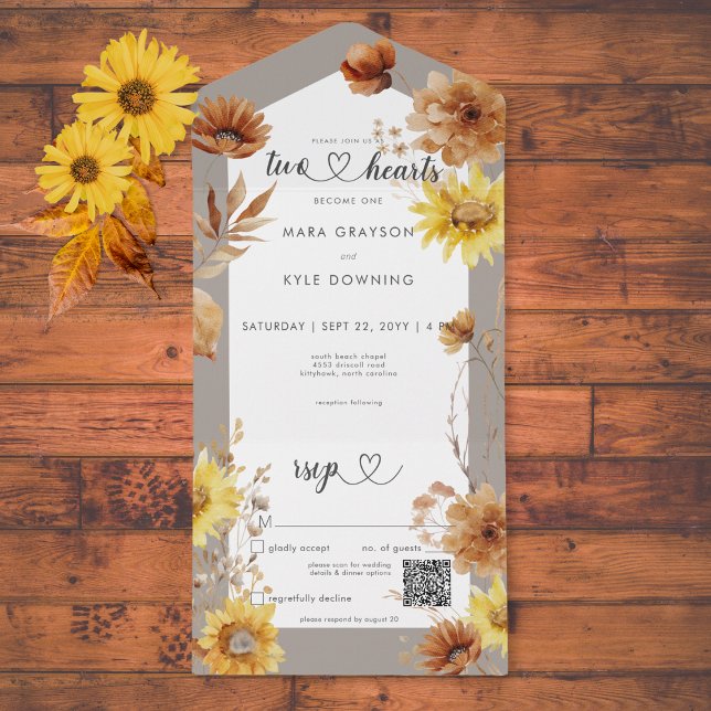 Rustik solrostaupe och vit QR-kod för höst (Rustic Autumn Sunflower Taupe & White QR Code All In One Invitation)