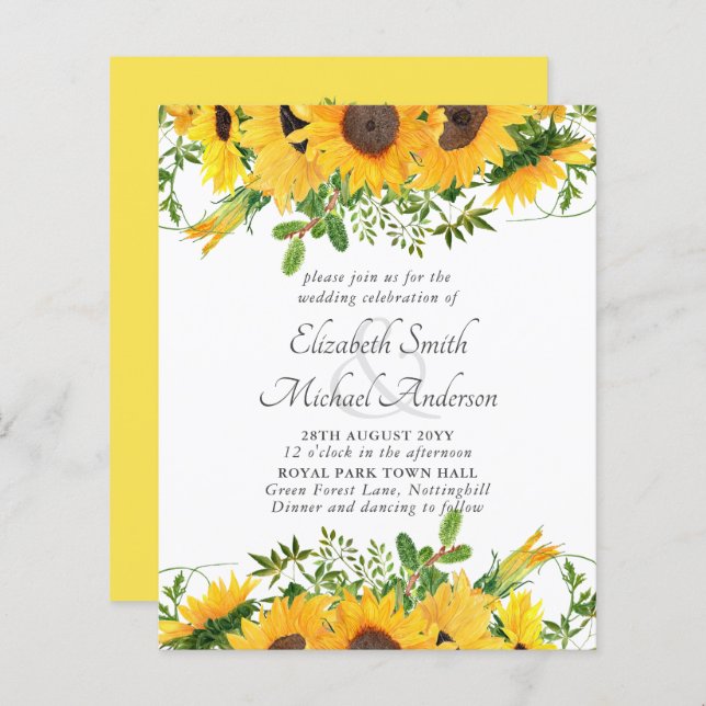 Rustik Solrosthérad Bröllop Stationery Budget (Fram/baksida)