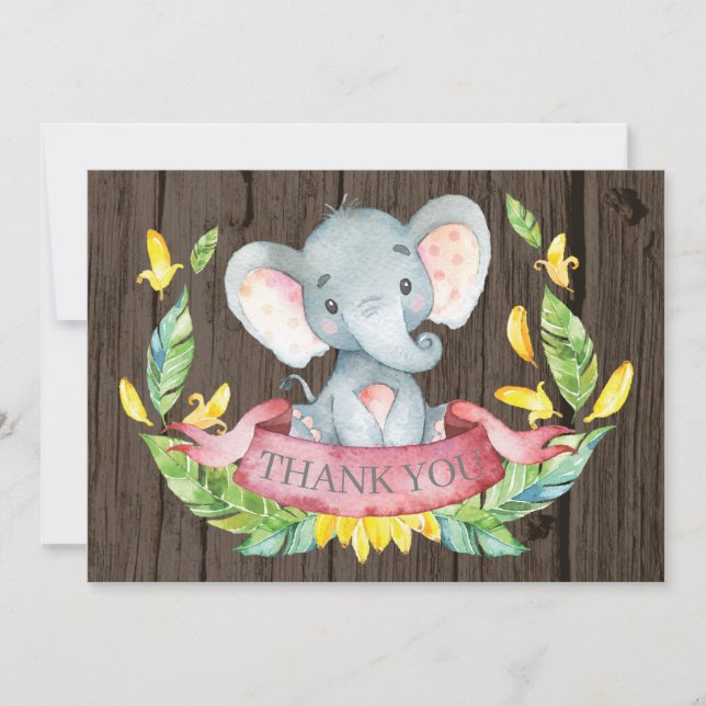 Rustik Söt Elefant Babyflicka Rosa och Grå Tack Kort (Framsida)