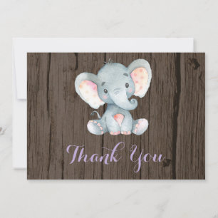 Rustik Söt Elefant Bebis Flicka Lila och Grå Tack Kort
