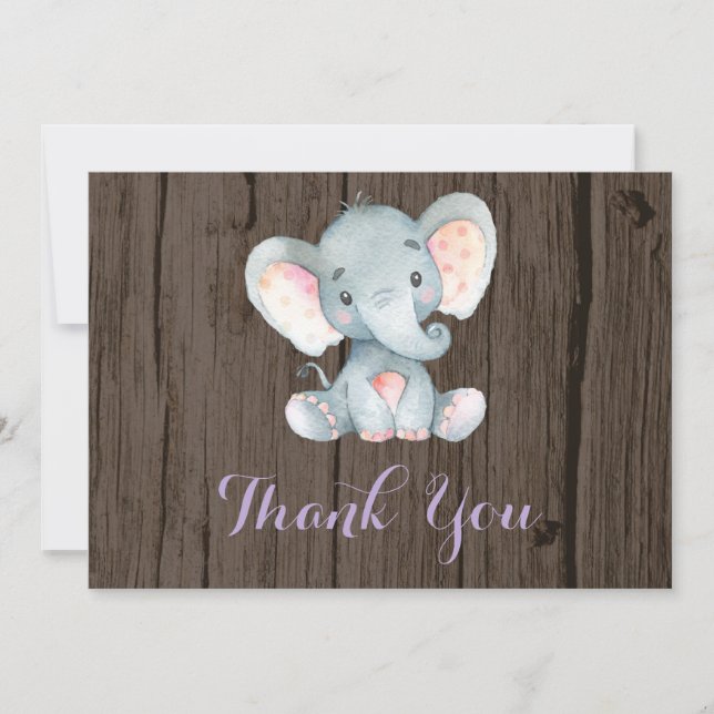 Rustik Söt Elefant Bebis Flicka Lila och Grå Tack Kort (Framsida)
