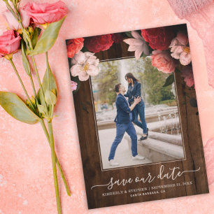Rustik Spara vår Date Coral Burgundy Blommigt Phot Datumet