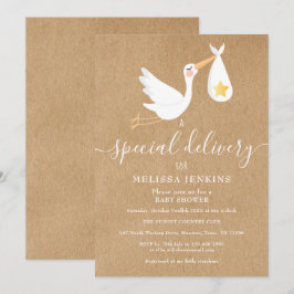 Rustik Speciell Delivery Stork Baby Shower Sprinkl Inbjudningar