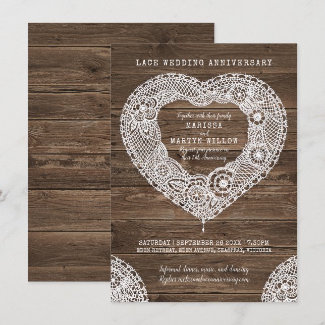 Rustik spets hjärta 13-årsjubileum inbjudningar (Fram/baksida)