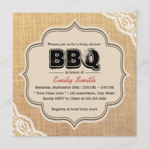 Rustik spets & jutesäck Baby Shower Grillfest Inbjudningar