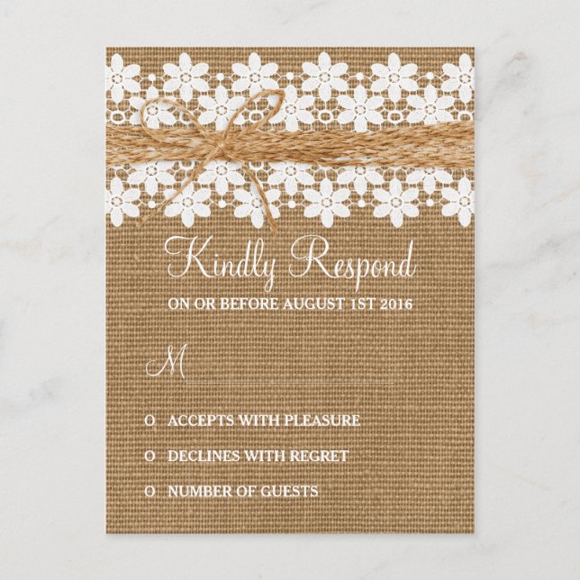 Rustik spets och jute vigsel svar brevkort inbjudan vykort (Framsida)