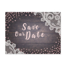 Rustik spets och trä rosaglitter spara datum