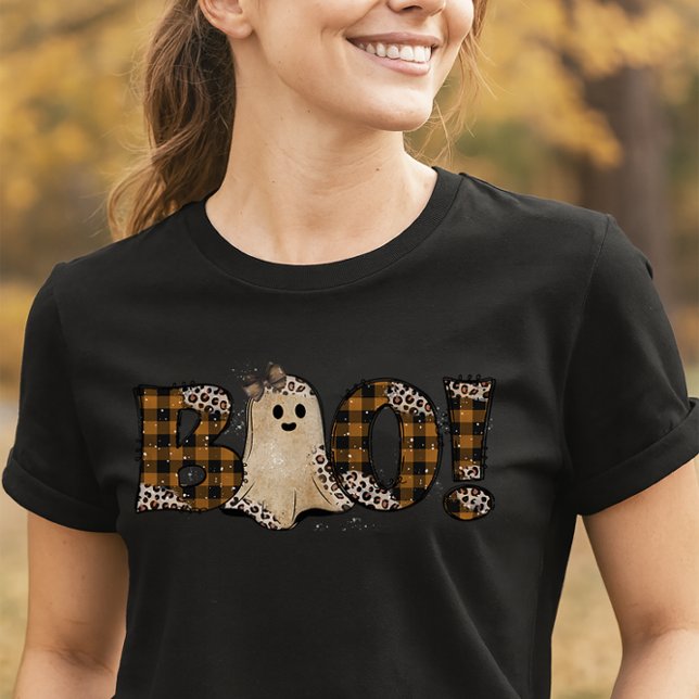 Rustik spökboo leopard & rutig Halloween T Shirt (Cute Halloween Tee)