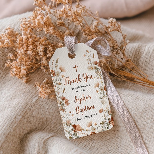 Rustik Støvrosa Vildblomma Dop Tack Presentetikett (Rustic Dusty Rose Wildflower Baptism Thank You Gift Tags)
