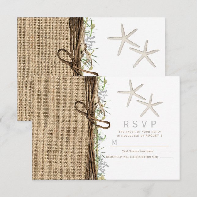 Rustik Strand Havsstjärna Jute Bröllops RSVP Inbjudningar (Fram/baksida)