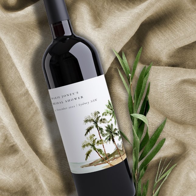 Rustik strand med tropiska palmer Bröllopsdusch Vinflaska Etikett (Skapare uppladdad)