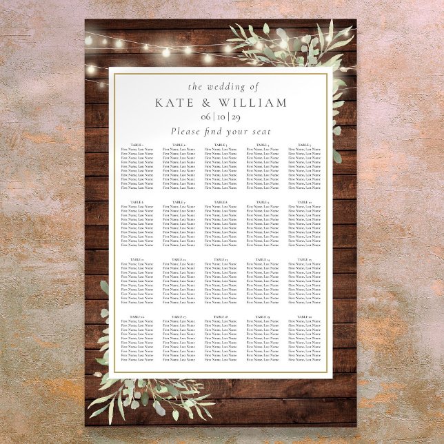 Rustik Sträng Ljus Grönska Bröllops Sittplatskarta Poster (Rustic String Light Greenery Wedding Seating Chart)