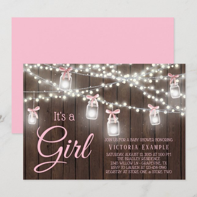 Rustik stränglykta baby shower-inbjudan till flick inbjudningar (Fram/baksida)