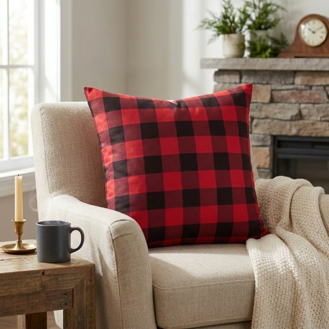 Rustik stuga röd och svart Buffalo-rutig Kudde (Rustic Cabin Red and Black Buffalo Plaid Throw Pillow)