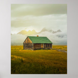 Rustik stuga vid soluppgång – Grand Teton National Poster