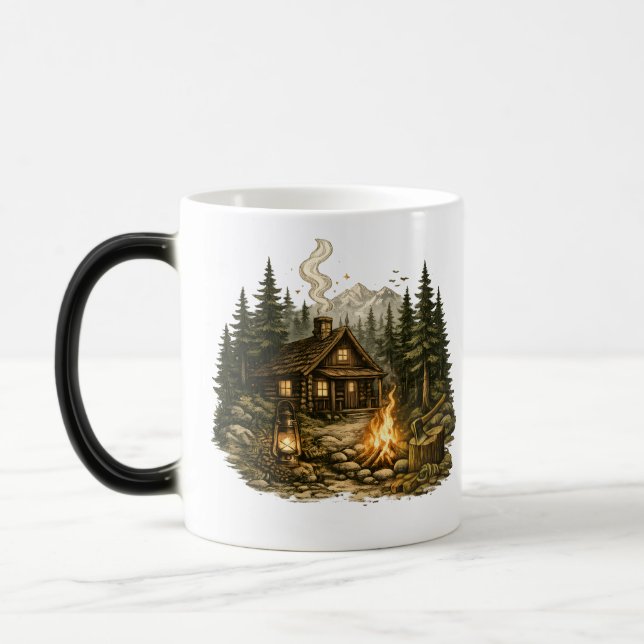 Rustik stugillustration med lägereld magisk mugg (Vänster)