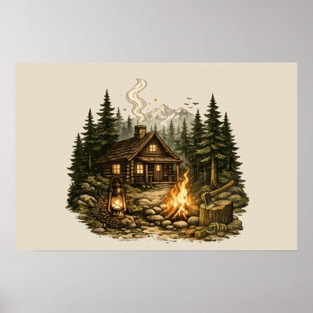 Rustik stugscen vid lägereld i skogen poster (Framsidan)