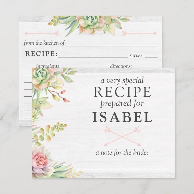 Rustik Sukkulent Receptkort i Akvarell för Bruden Inbjudningar (Fram/baksida)