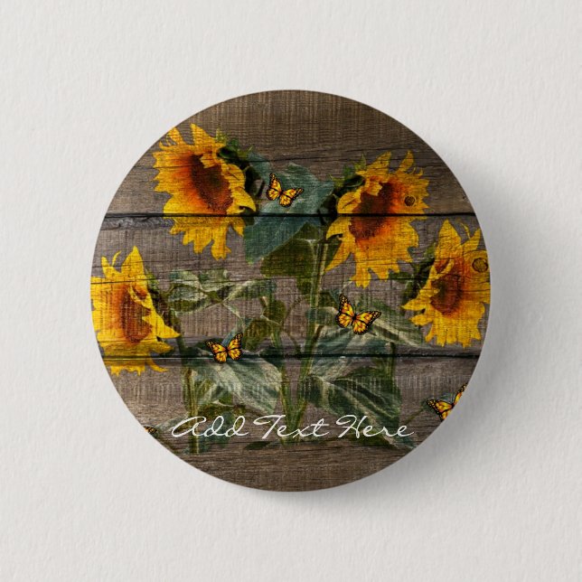 Rustik Sunblommor Butterflies Barn Board Knapp (Framsida)