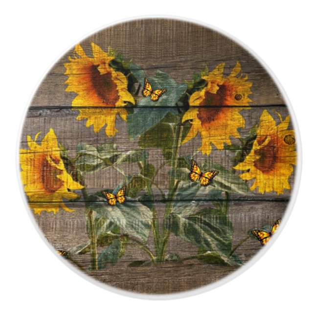 Rustik Sunblommor Butterflies Barn Board Knopp (Framsidan)