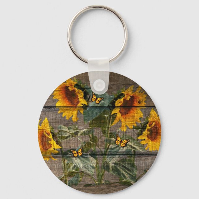 Rustik Sunblommor Butterflies Barn Board Nyckelring (Framsida)