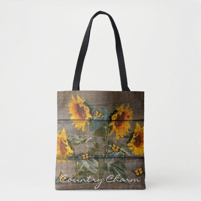 Rustik Sunblommor Butterflies Barn Board Tygkasse (Framsida)