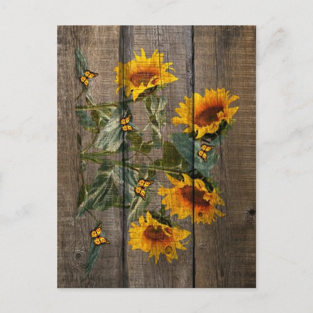Rustik Sunblommor Butterflies Barn Board Vykort (Framsida)